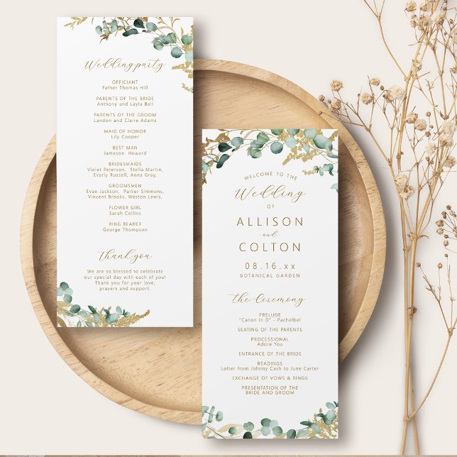 Programa Boda de boho de oro de eucalipto rústico (Rustic eucalyptus gold greenery boho wedding program)