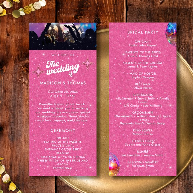 Programa Boda de Bola de Discoteca Brillante Rosa Groovy Co (Front / Back)