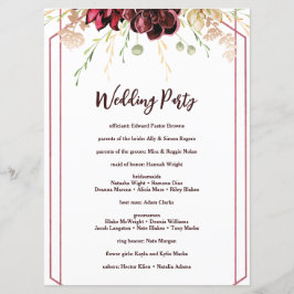 Programa Boda de caligrafía rustica de color de borgoña