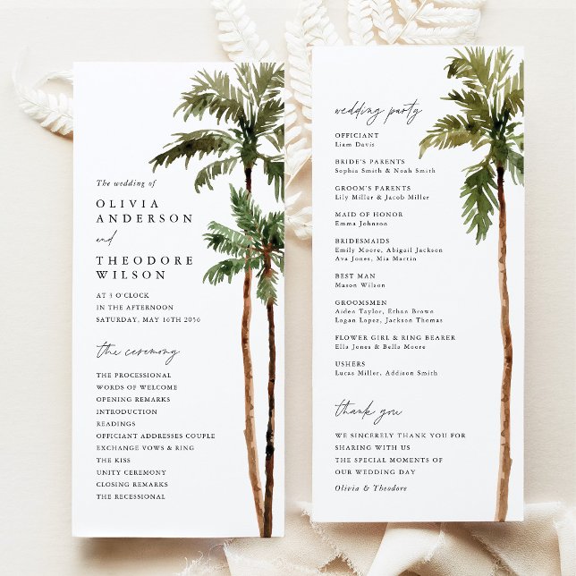 Programa Boda de Ceremonia Tropical con Palmeras (Palm Tree Wedding Program Tropical Ceremony Program Beach Destination Wedding Stationery)