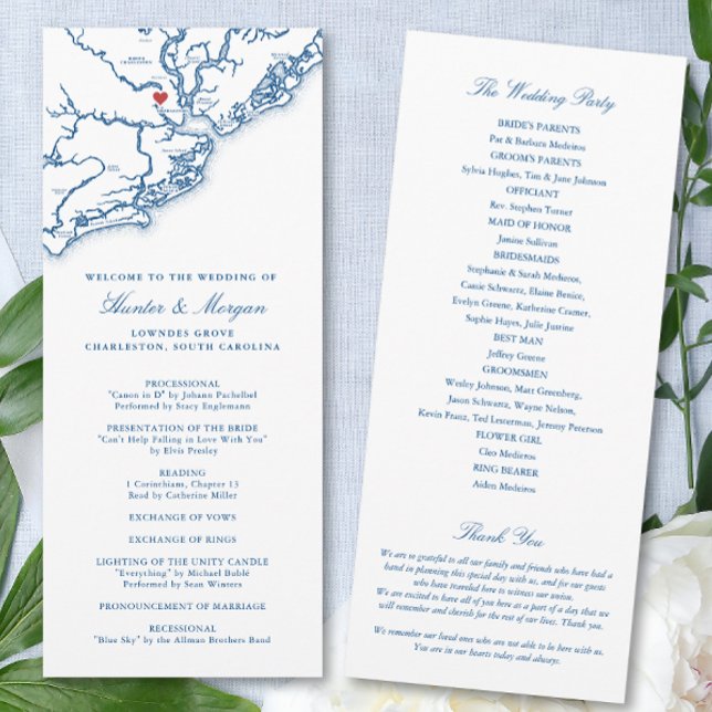 Programa Boda de Destino de la Marina de Carolina del Sur d (Charleston SC Map Wedding Program for an elegant navy blue destination wedding. Coastal Map Designs)