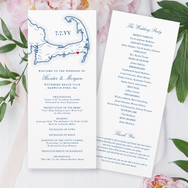 Programa Boda de destino de la marina de guerra de Wychmere (Wychmere Beach Club Wedding Program with Harwich Port MA Cape Cod Map in elegant navy blue )