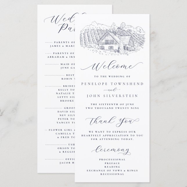 Programa Boda de Destino Ilustración de Viñedo Elegante (Anverso / Reverso)