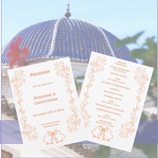 Programa Boda de diseño de pergaminos de pergamino (Peach wedding church program bells and scrollwork design)