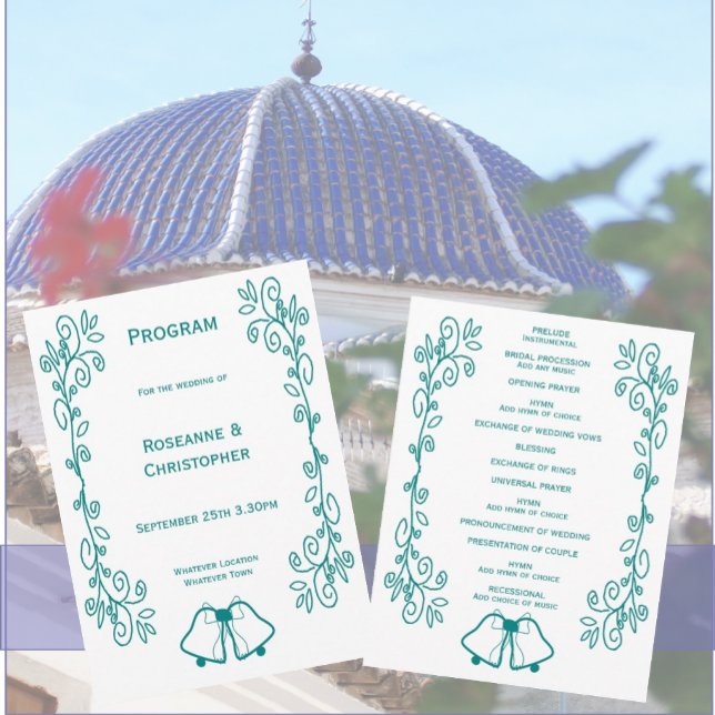 Programa Boda de diseño de trabajo de Bells verde azuladas (Teal bells scrollwork wedding church program)