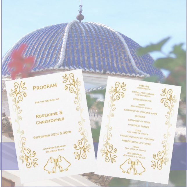 Programa Boda de diseño de trabajo de gamas de oro (Gold bells scrollwork wedding church program)