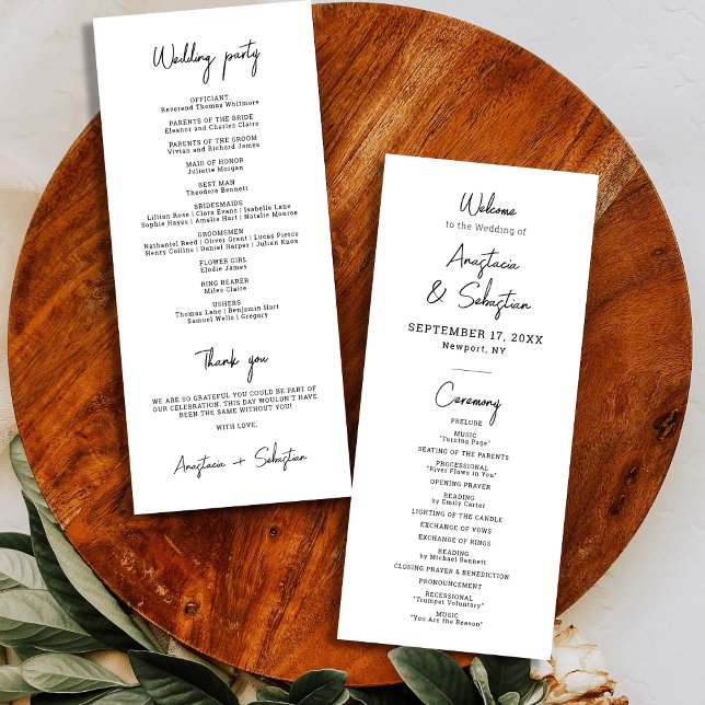 Programa Boda de escritura simple y elegante en blanco y ne (Simple Elegant Black and White Script Wedding Program)