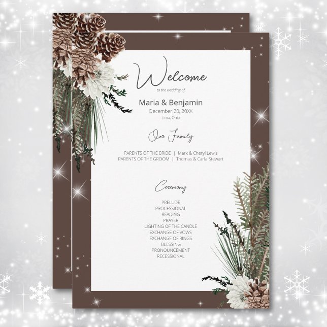 Programa Boda de espuma de invierno de pino marrón de cacao (Rustic Cocoa Brown Pine Winter Sparkle Wedding Program)