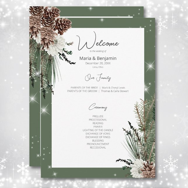 Programa Boda de espuma de invierno de pino verde ruso (Rustic Green Pine Winter Sparkle Wedding Program)