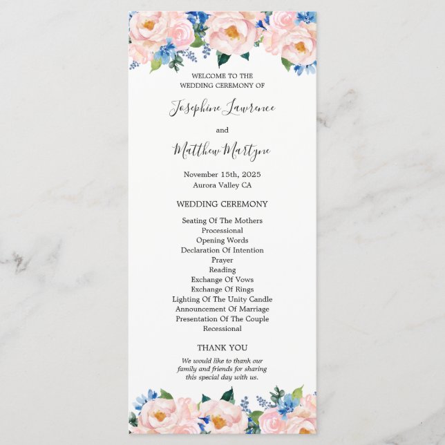 Programa Boda de Eucalipto Floral Rosa Dusty Blue Rubor (Anverso)