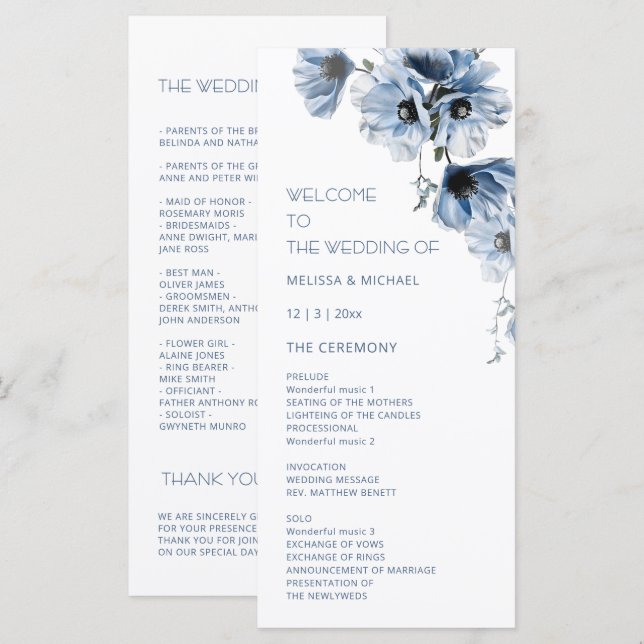 Programa Boda de flores azules artísticas (Anverso / Reverso)