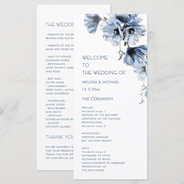 Programa Boda de flores azules artísticas (Anverso / Reverso)