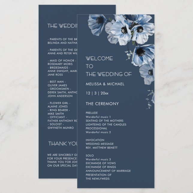 Programa Boda de flores azules artísticas (Anverso / Reverso)