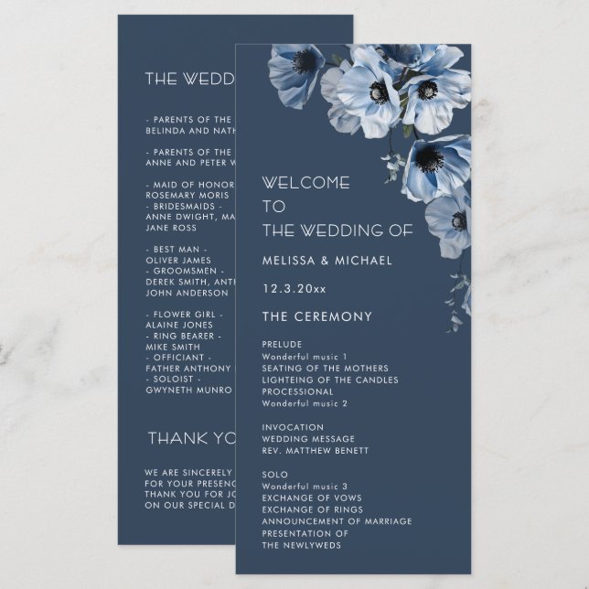 Programa Boda de flores azules artísticas (Anverso / Reverso)