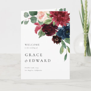 Programa Boda de flores de acuarela en burgundy y azul mari