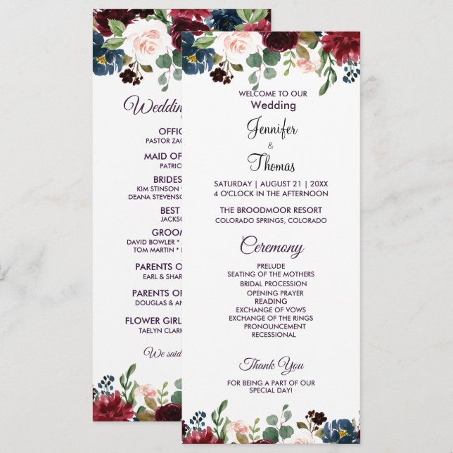 Programa Boda de Flores Inglesas Borgoña y Azul (Anverso / Reverso)