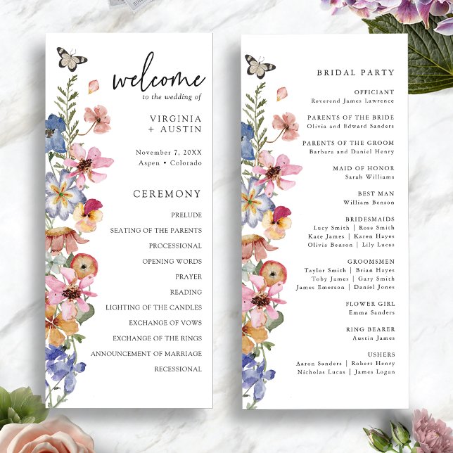 Programa Boda de flores silvestres coloridas (Colorful Wildflower Wedding Program with Butterfly by Painted Paperie
)