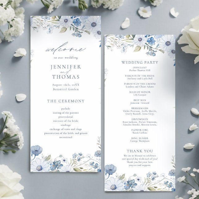Programa Boda de flores silvestres elegantes azul polvorien (Dusty Blue Elegant Wildflower Wedding Program)