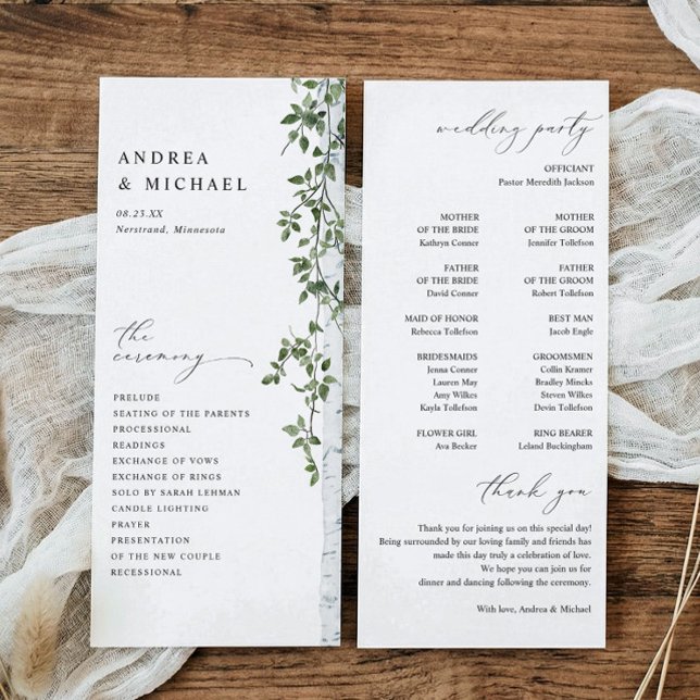 Programa Boda de follaje verde de abedul simple (Birch or aspen tree wedding programs - outdoor greenery wedding.)