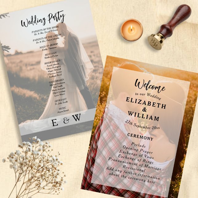Programa Boda de fotografía de pareja elegante y simple (Simple Elegant White overlay Couple Photo Wedding Program)