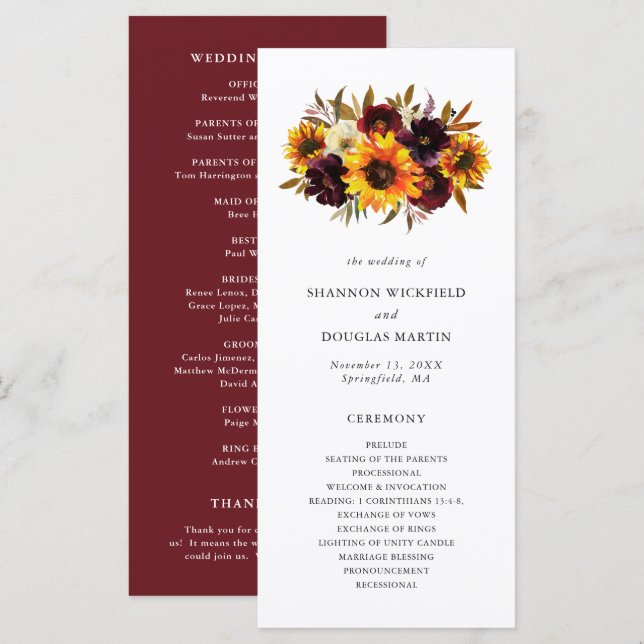 Programa Boda de girasoles florales de otoño rústico (Anverso / Reverso)