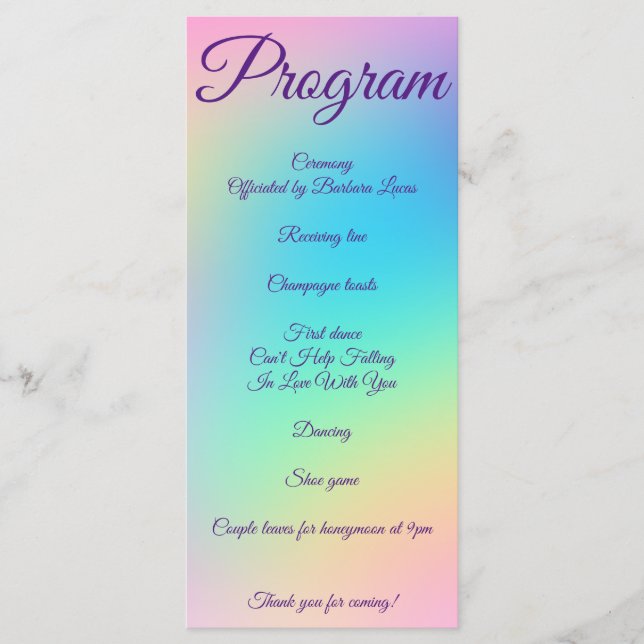 Programa Boda de gradiente de arcoiris Pastel (Anverso)