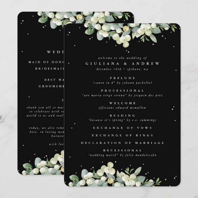 Programa Boda de invierno elegante de Snowberry negro + Euc (Anverso / Reverso)