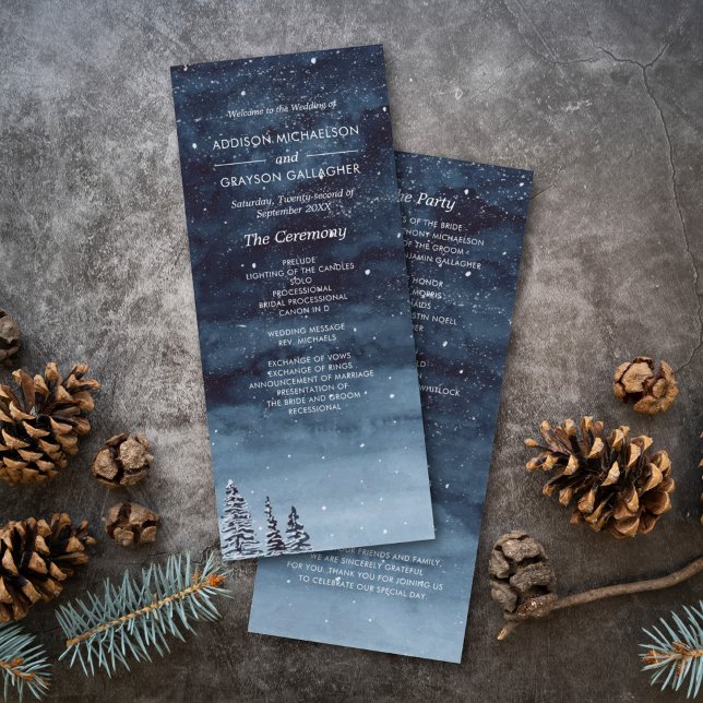 Programa Boda de la noche de invierno de Navy Blue Snowy Wo (Winter wonderland watercolor snow night wedding program card for and elegant winter wedding day.)