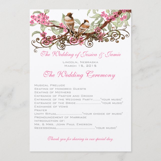 Programa Boda de las flores rosas de los pájaros de amor de (Anverso)