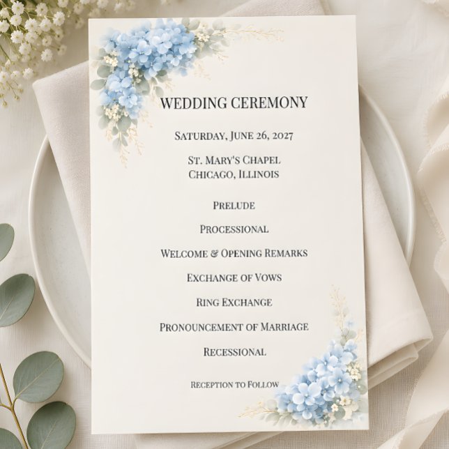 Programa Boda de Lujo con Hortensias Azules Polvorientas (Part of the luxury dusty blue hydrangea wedding collection, program)