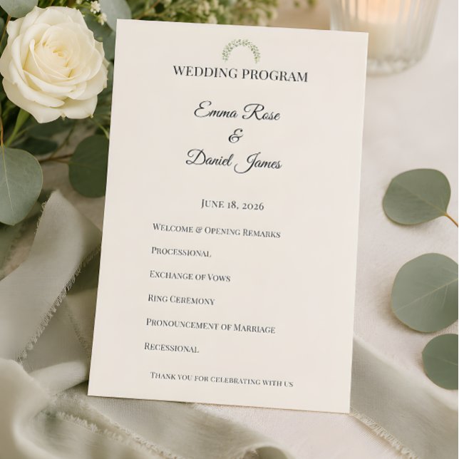 Programa Boda de lujo con vegetación de eucalipto (Eucalyptus themed wedding program card)