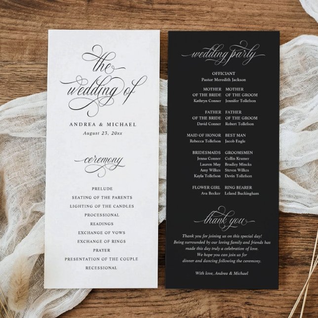 Programa Boda de Lujo Elegante Caligrafía Dinero Antiguo (Elegant black and white old money wedding program with classic calligraphy and ceremony order.)
