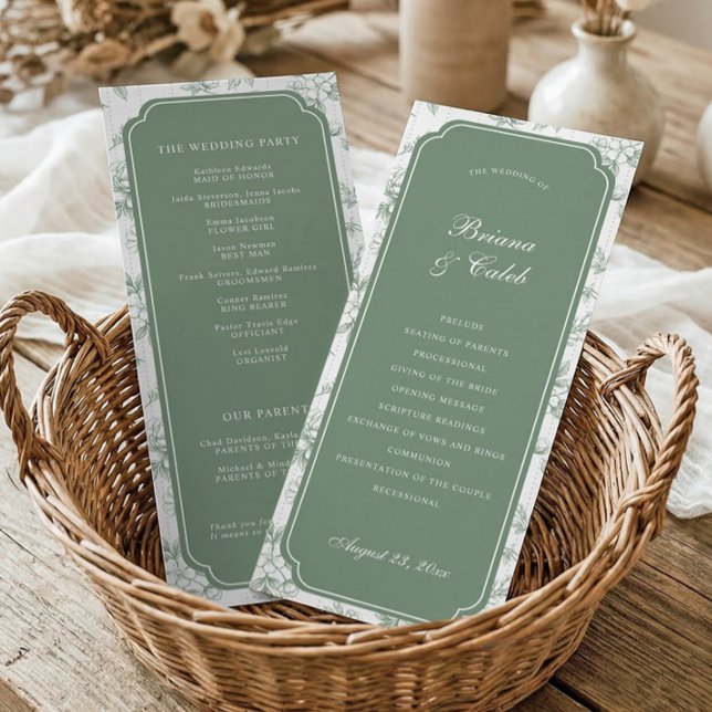 Programa Boda de Marco Floral Toile Sage Victoriano (Double-sided sage green Victorian wedding program with French floral scalloped frame)
