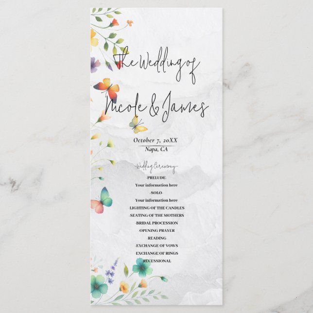 Programa Boda de Mariposa Floral Acuarela Colorida (Anverso)