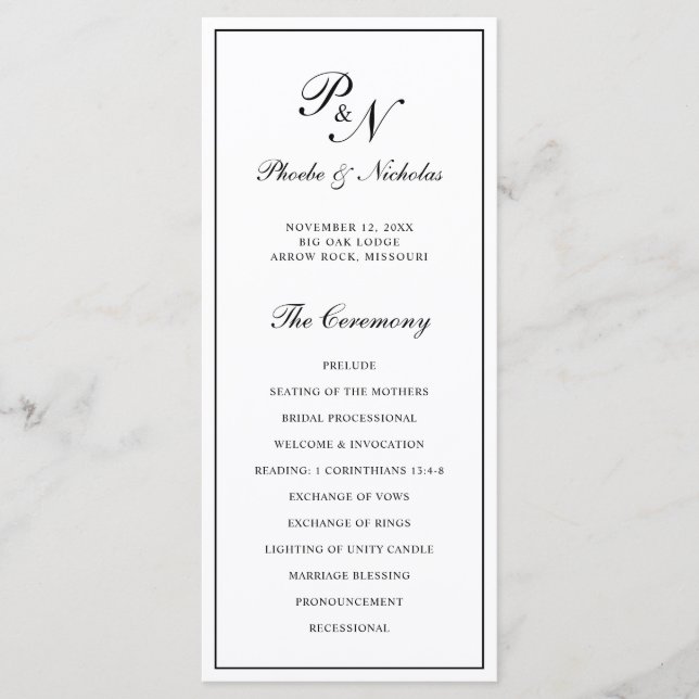 Programa Boda de Monograma Elegante Formal Blanco y Negro (Anverso)