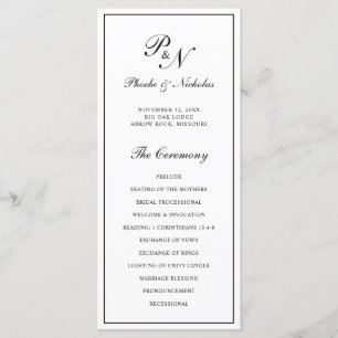 Programa Boda de Monograma Elegante Formal Blanco y Negro