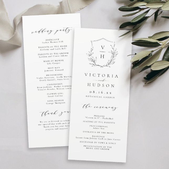 Programa Boda de monograma escudo botánico de elegancia sim (Simple elegance botanical crest monogram wedding Program)