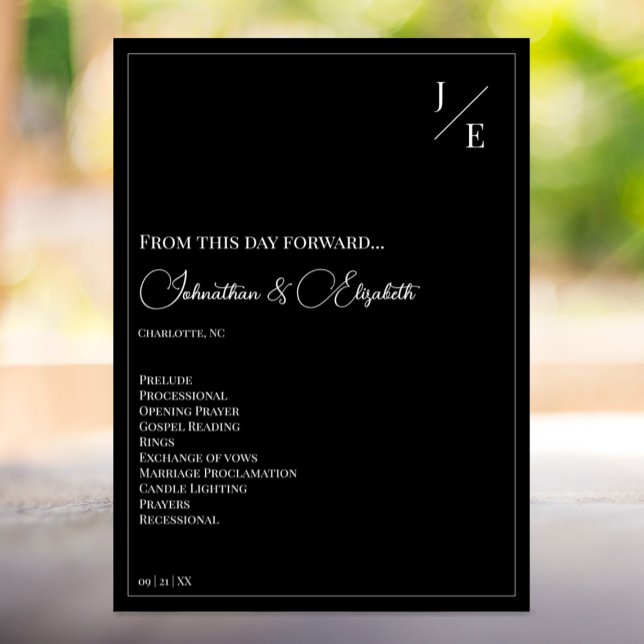 Programa Boda de monograma minimalista | Negro (Minimalist Monogram Wedding Program | Black)