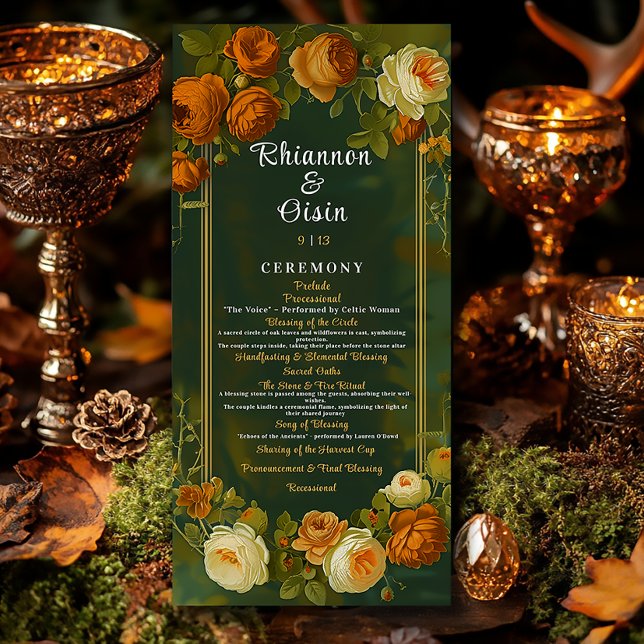 Programa Boda de Moss Green & Gold Woodland Druid Hills (Elegant Autumn Druid Hill Floral Wedding Program )