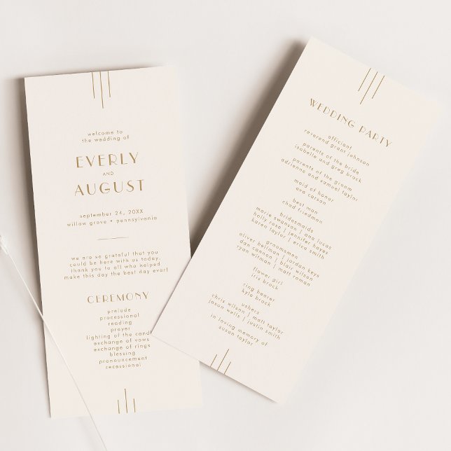 Programa BODA de oro y crema Art Deco de época (EVERLY Vintage Art Deco Cream and Gold Wedding Program)
