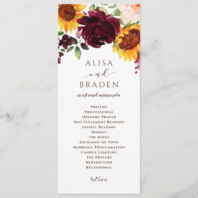 Programa Boda de otoño de girasoles y rosas de Borgoña roja (Anverso)