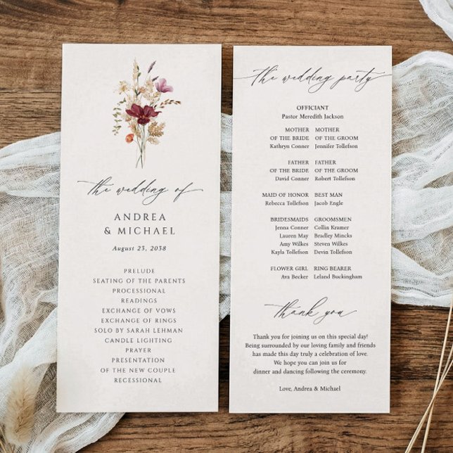 Programa Boda de Otoño Elegante Bohemio de Flor Silvestre (Fall wildflowers boho wedding programs - simple watercolor printed wedding programs - vintage text.)