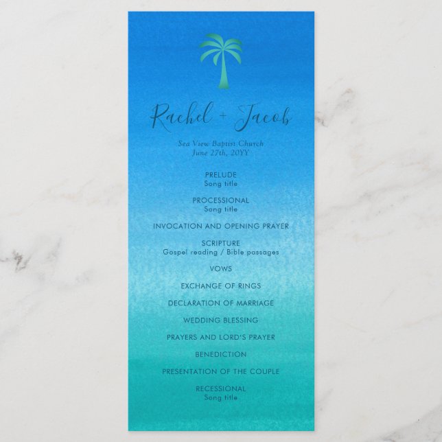 Programa Boda de palmeras tropicales de Ocean Blue Green Be (Anverso)