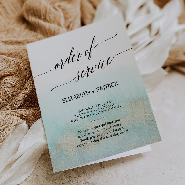 Programa Boda de pedido de servicio de acua y acuarela de o (Aqua and Gold Watercolor Order Of Service Wedding Program)
