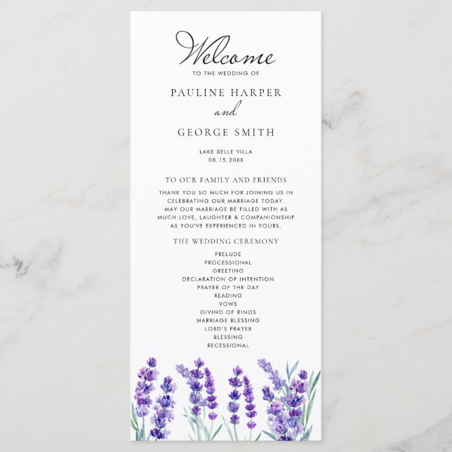 Programa Boda de primavera con flores de lavanda en acuarel (Anverso)