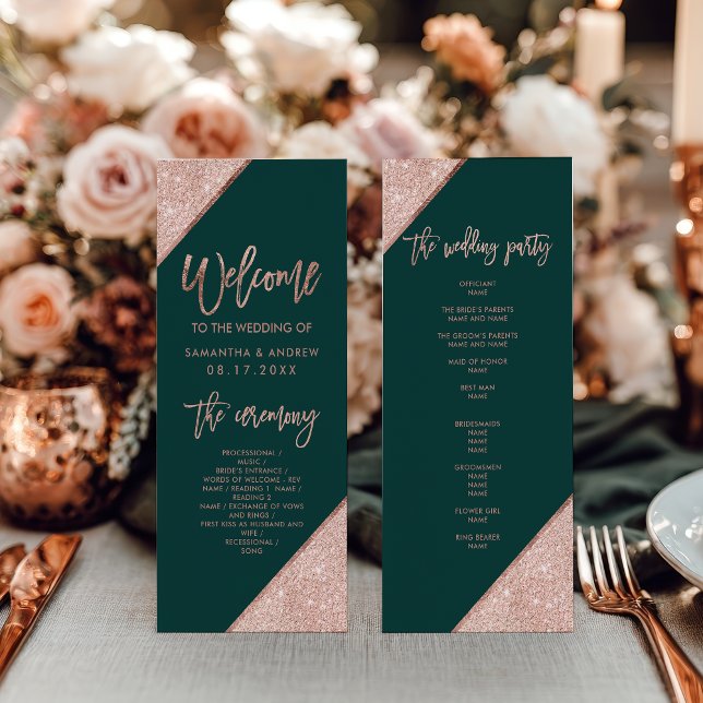 Programa Boda de Purpurina de oro verde esmeralda y Rosa (Emerald Green and Rose Gold Glitter Wedding Program)