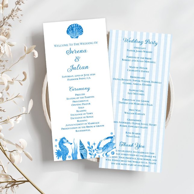 Programa Boda de raya náutica de acuarela azul costera (Blue Watercolor Nautical Coastal Stripe Wedding Program)
