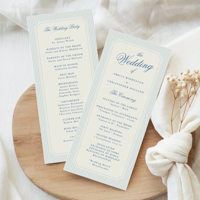 Programa Boda de rayas azules claras clásicas (classic and elegant light blue stripes wedding church program)