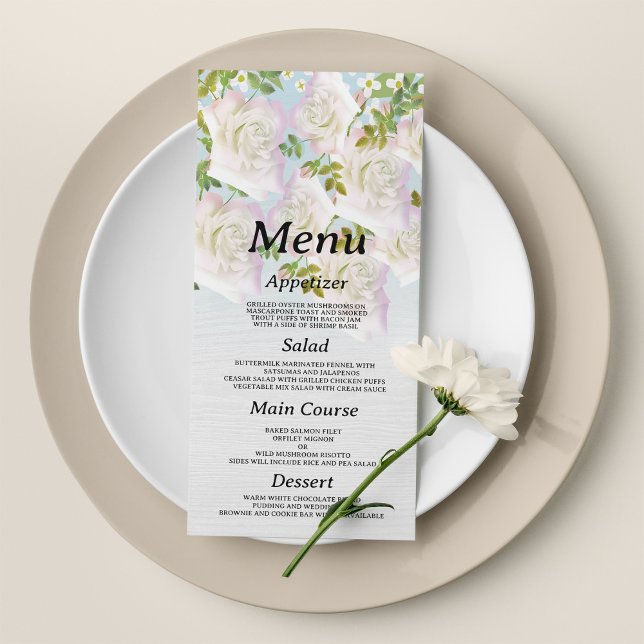 Programa Boda de rosas de menta rosa de madera blanca rústi (Rustic white wood pink mint roses Wedding Menu )
