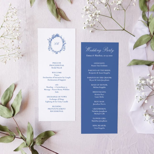 Programa Boda de tela azul de Francia victoriana (White and blue sophisticated victorian wedding program - order of service)